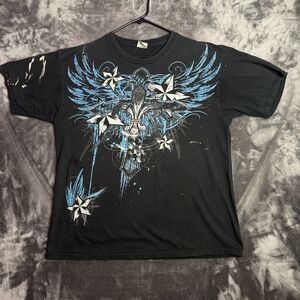 Vintage Y2k Black Short Sleeve Wings Saint Stars Angelic Shirt Size X-Large